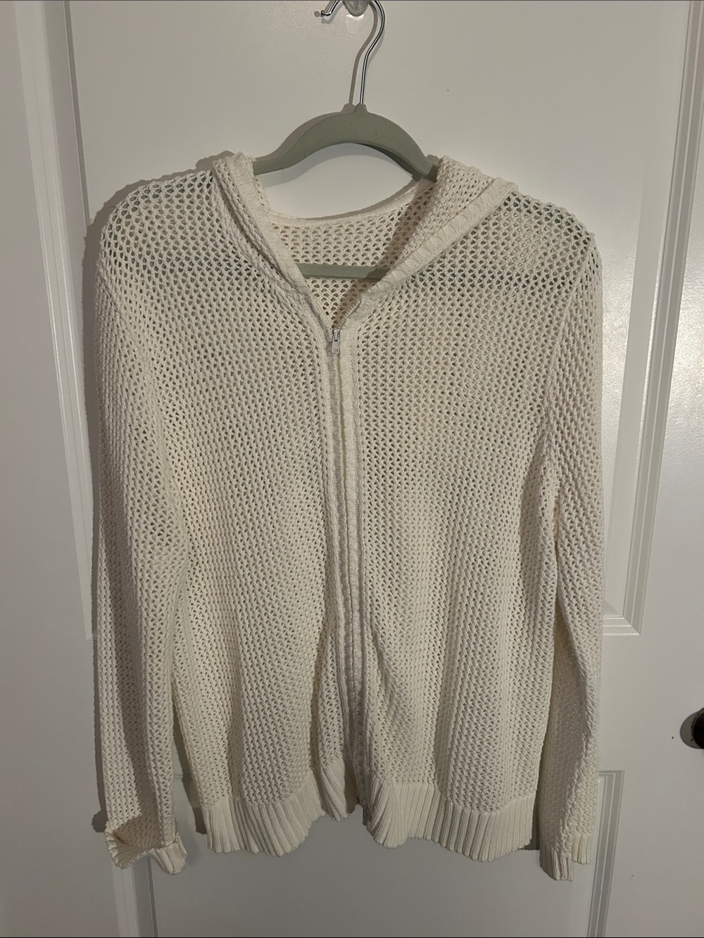 Women's Cream Hooded Open Weave Zip Sweater